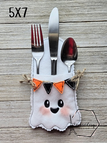 Ghost w Banner Utensil Holder Embroidery Design - 5x7